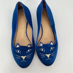 Charlotte Olympia Cobalt Blue Suede Kitty Flats